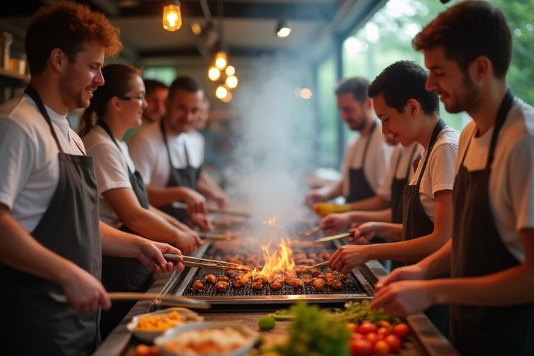 参加者が楽しそうに料理を学ぶワークショップの様子